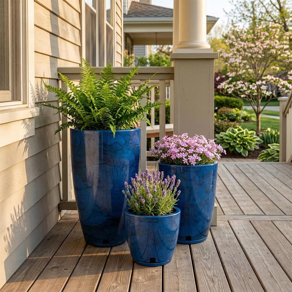 Blue Plastic Plant Pots Set of 3 with Drainage Hole and Saucer