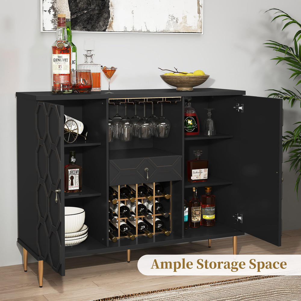 Modern Bar Cabinet with Drawer, Wine Glass Racks & Geometric Door