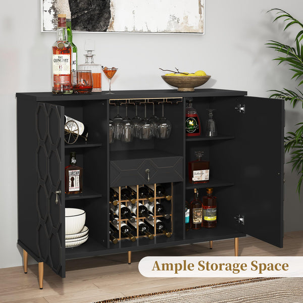 Modern Bar Cabinet with Drawer, Wine Glass Racks & Geometric Door