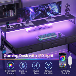 L-Shaped Gaming Desk with 6 Drawers, LED Lights & Power Outlet