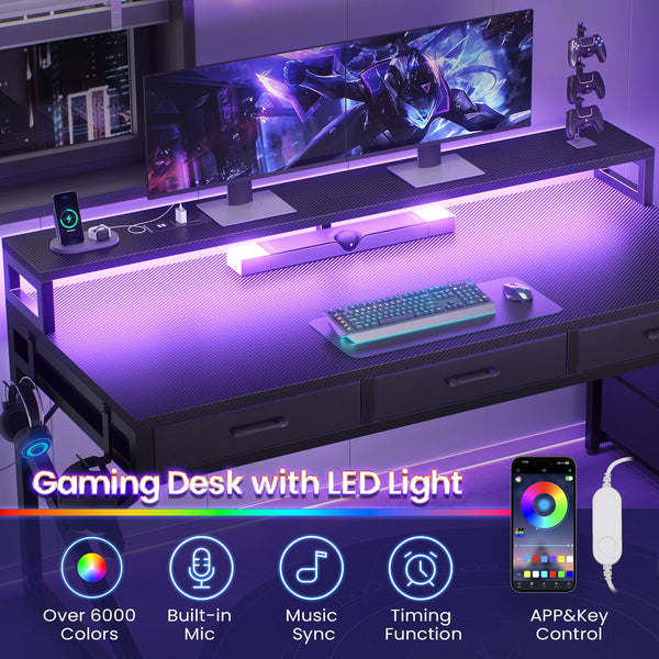 L-Shaped Gaming Desk with 6 Drawers, LED Lights & Power Outlet