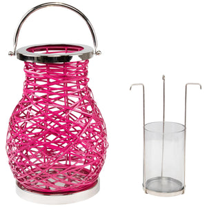 Pink Woven Iron Pillar Candle Lantern with Glass Hurricane