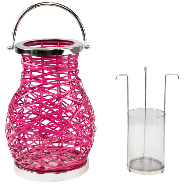 Pink Woven Iron Pillar Candle Lantern with Glass Hurricane