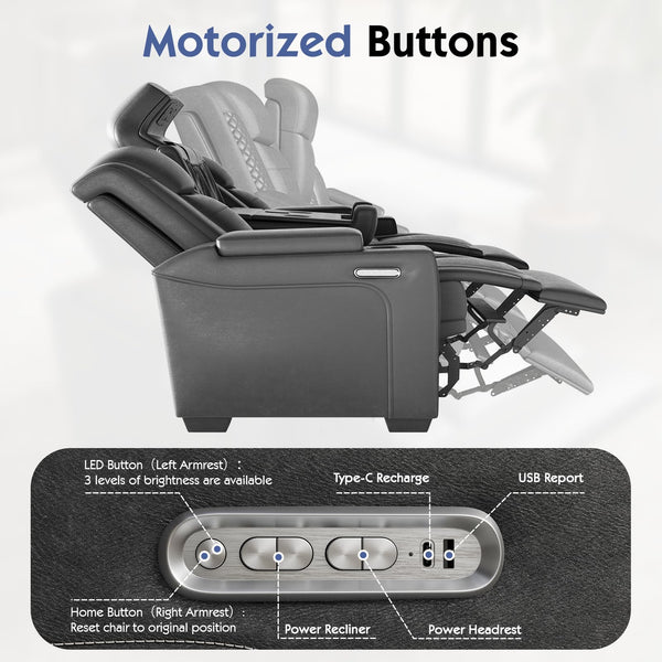 Power Reclining Home Theater Sofa – 3-Seat Leather with USB & Wireless Charging