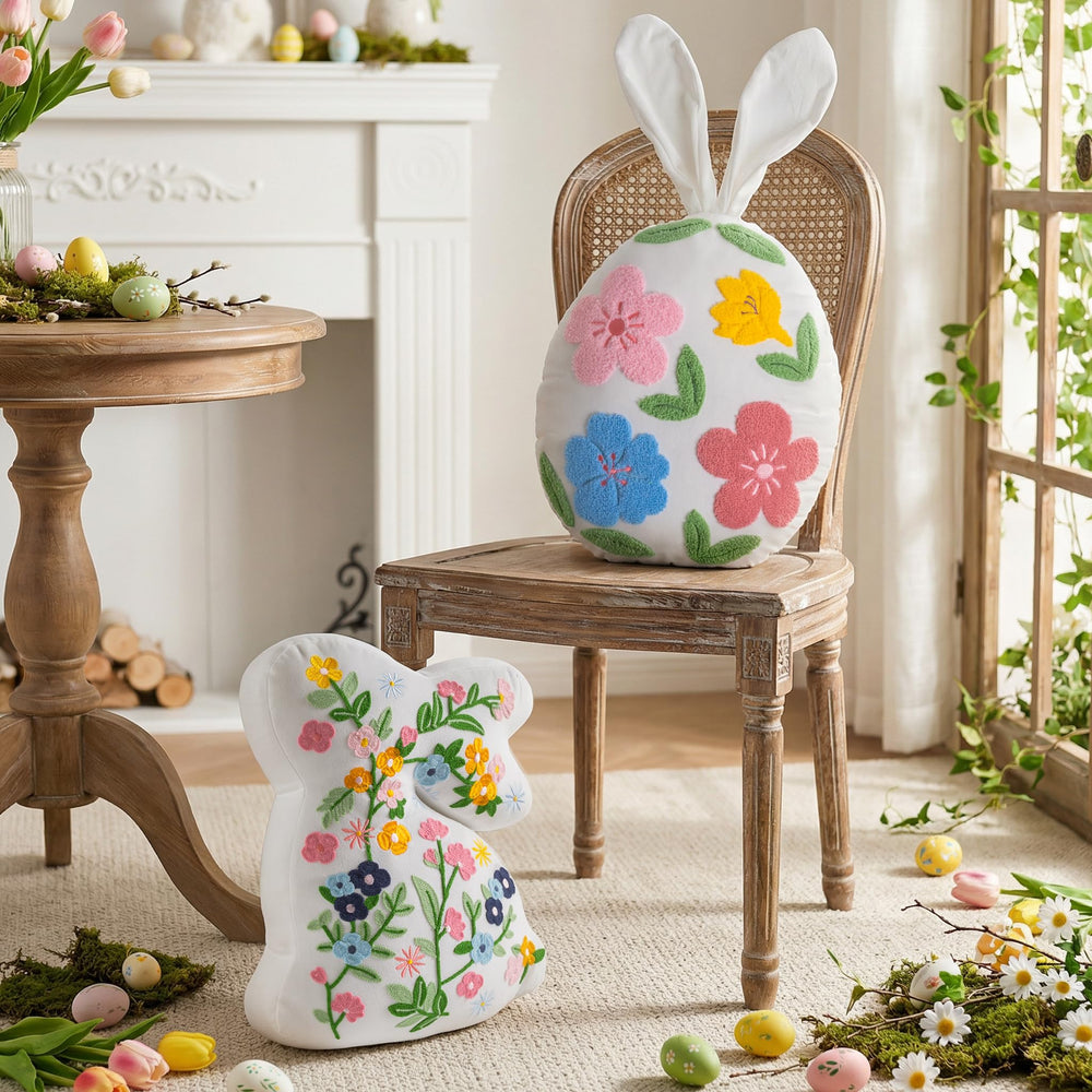 Easter Bunny & Egg Shaped Throw Pillow Set of 2 – Floral Embroidered Decorative Cushions