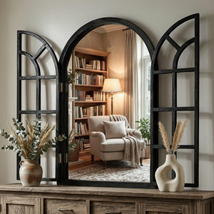 Arched Wood Frame Wall Mirror – Black | Farmhouse Decor