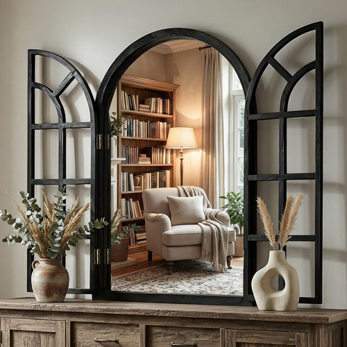 Arched Wood Frame Wall Mirror – Black | Farmhouse Decor