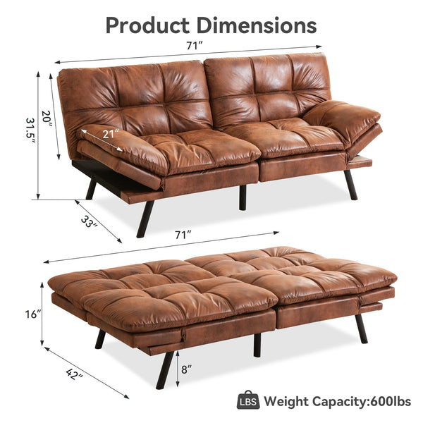 71" Convertible Futon Sofa Bed with Adjustable Backrest & Armrest