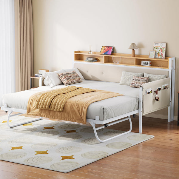 Twin Daybed with Trundle, Upholstered Headboard & Charging Station