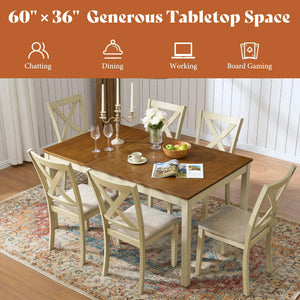 7-Piece Farmhouse Solid Wood Dining Table Set with 6 Upholstered Chairs