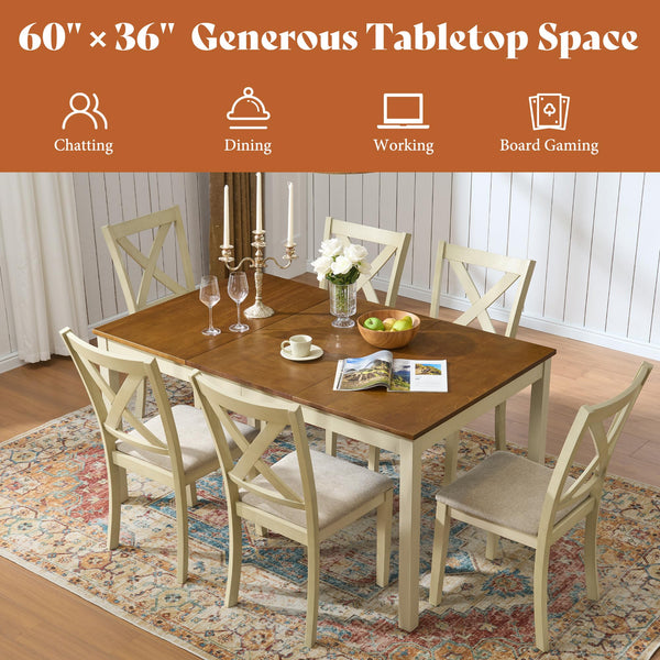 7-Piece Farmhouse Solid Wood Dining Table Set with 6 Upholstered Chairs