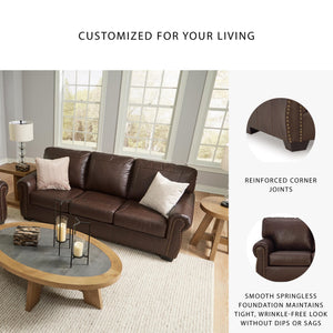 Traditional Leather Match Sofa with Nailhead Trim, Dark Brown