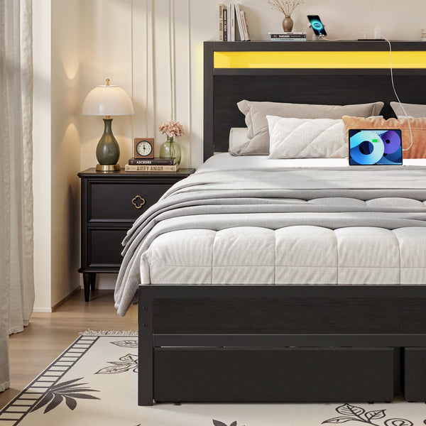 Queen Bed Frame with Storage Headboard, LED Lights & Charging Station