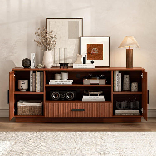 LCRBOL TV Stand for Living Room ＆ Bedroom, Mid Century Entertainment Center for Up to 70 Inch TV, Fluted TV Console with Storage Cabinets ＆ Drawer, Walnut