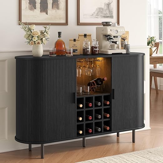 55-Inch Fluted Wine Bar Cabinet with LED Lighting & Charging Station