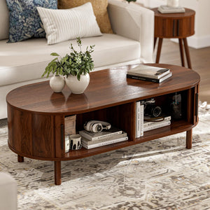 Oval Coffee Table with Sliding Door Cabinets