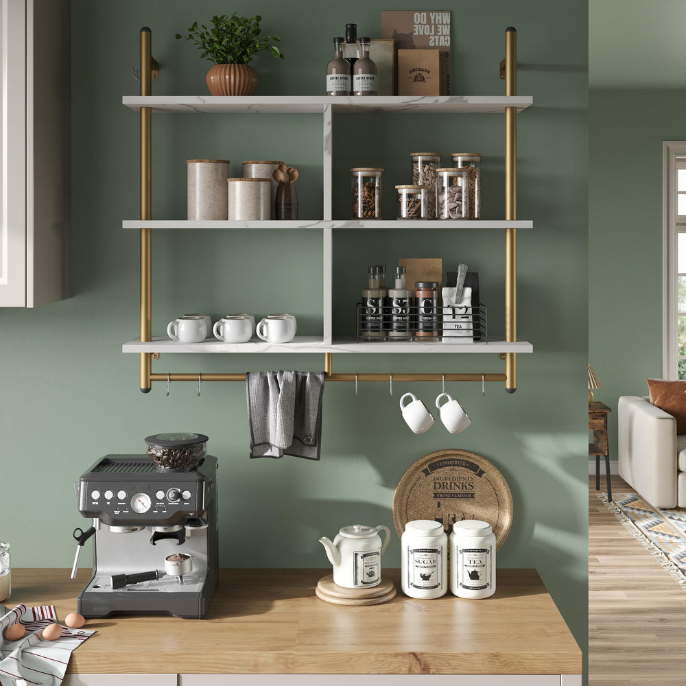 3-Tier Wall Mounted Floating Pipe Shelf with Hooks