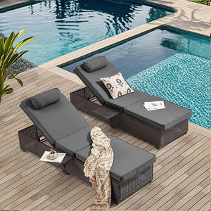 Outdoor PE Rattan Chaise Lounge Chair Set of 2 with Adjustable Backrest & Side Table