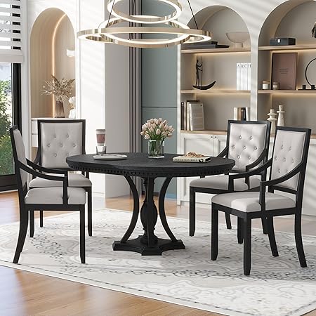 5-Piece Extendable Round Dining Table Set with 4 Upholstered Chairs