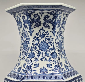 Large Hexagonal Blue and White Porcelain Lotus Vase