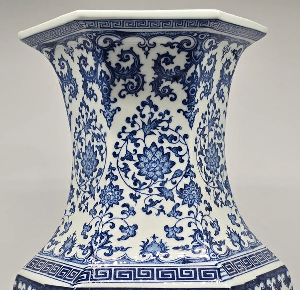 Large Hexagonal Blue and White Porcelain Lotus Vase