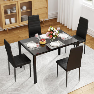 5-Piece Glass Dining Table Set with 4 Upholstered Faux Leather Chairs