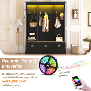 Hall Tree with Bench, LED Lights, 9 Hooks & 3 Cabinets