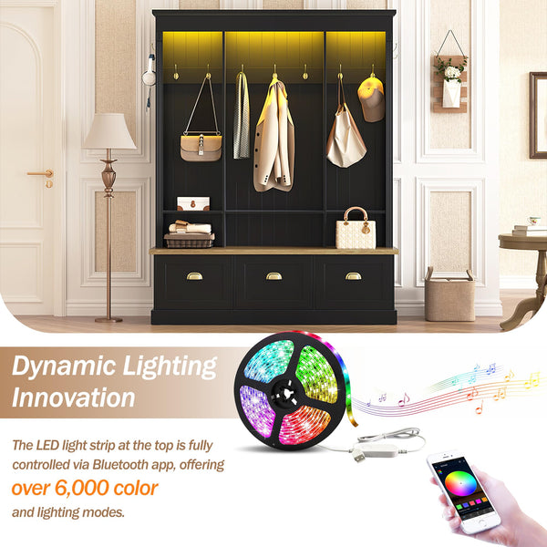 Hall Tree with Bench, LED Lights, 9 Hooks & 3 Cabinets