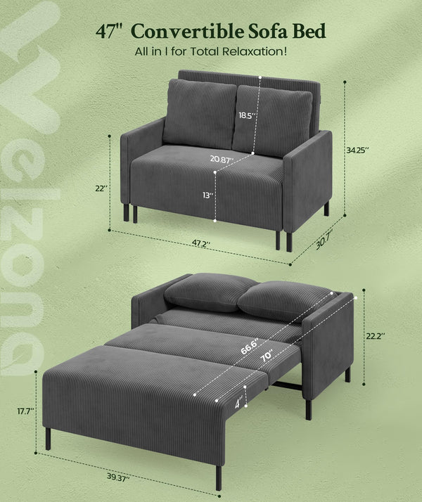 Convertible Loveseat Sofa Bed – Corduroy Couch with Pullout Sleeper & 2 Pillows
