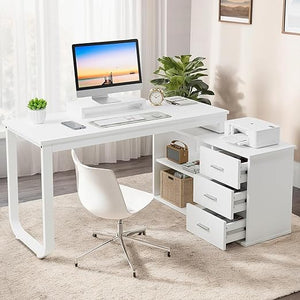 55-Inch L-Shaped Computer Desk with Drawers & Storage Shelves