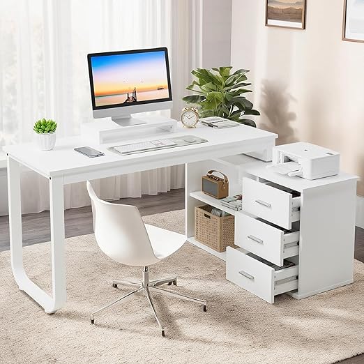 55-Inch L-Shaped Computer Desk with Drawers & Storage Shelves