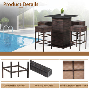 5-Piece Outdoor Wicker Bar Set with 4 Stools & Hidden Storage