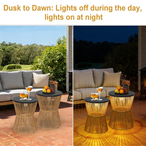Solar Outdoor Side Table Set of 2 with Dimmable Light – Boho Rattan Patio End Tables