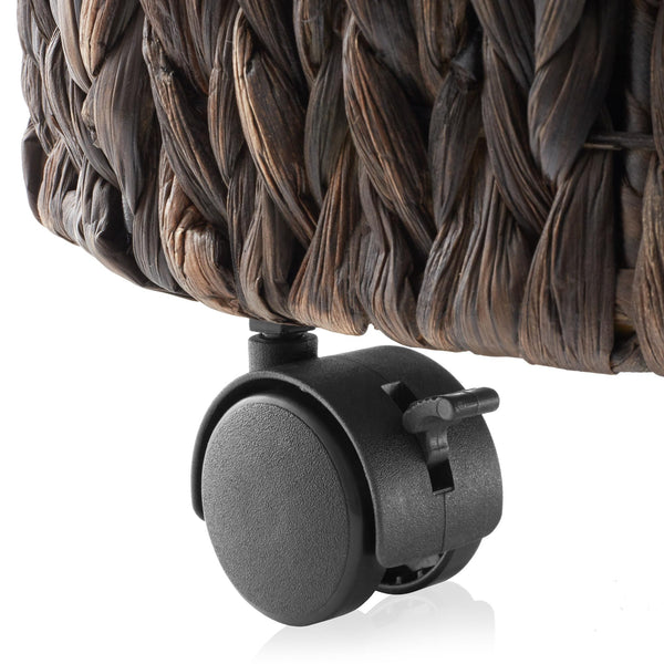 Casafield Round Rolling Storage Basket with Lid - Espresso, Handwoven Water Hyacinth Rolling Hamper Storage Bin on Wheels for Living Room, Bedroom, Bathroom, Laundry