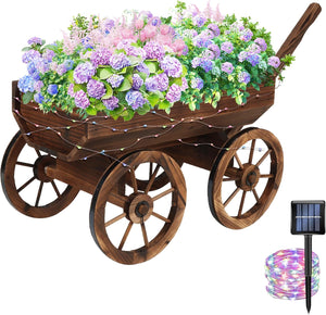 Rustic Wooden Garden Planter Wagon & Wishing Well