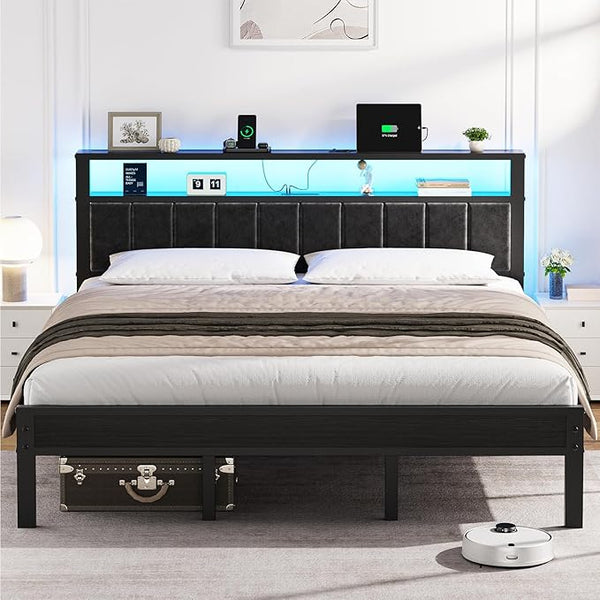 Queen Platform Bed Frame with LED Lights & Charging Station