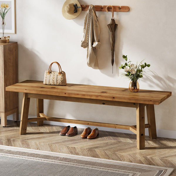 55 Inch Solid Wood Farmhouse Bench – Rustic Brown