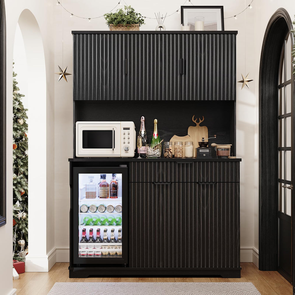 Fluted Kitchen Pantry with Wine Fridge & LED Bar Cabinet