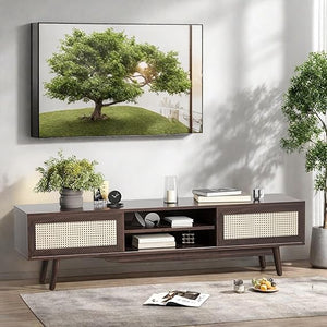Fluted TV Stand with Rattan Doors, Wood Legs & Gold Handles