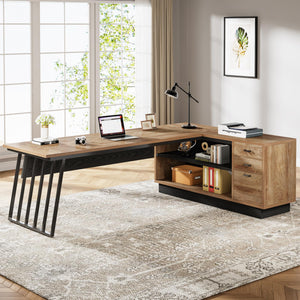 L-Shaped Executive Desk with File Cabinet and Storage Shelves