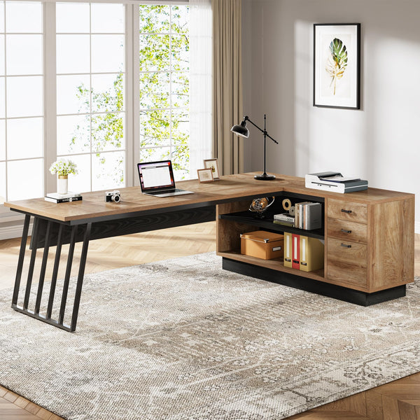 L-Shaped Executive Desk with File Cabinet and Storage Shelves