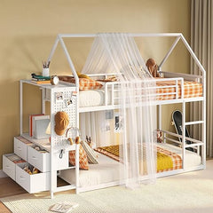 Twin Over Twin House Bunk Bed with Hall Tree & 6 Storage Drawers