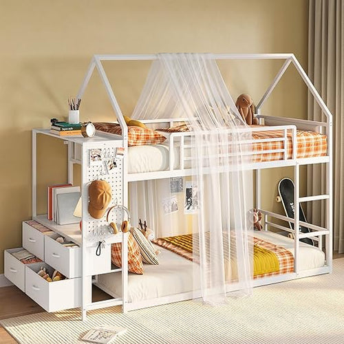 Twin Over Twin House Bunk Bed with Hall Tree & 6 Storage Drawers