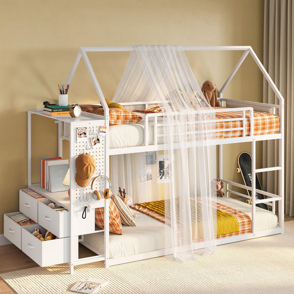 Twin Over Twin House Bunk Bed with Hall Tree & 6 Storage Drawers