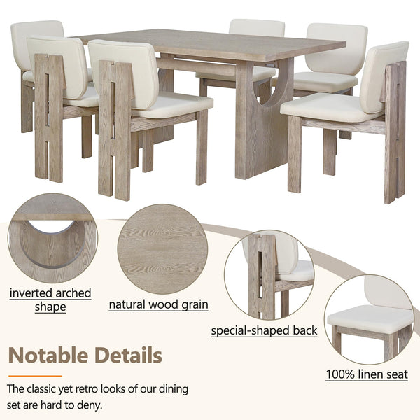 7-Piece Retro Dining Table Set for 6 with Upholstered Chairs