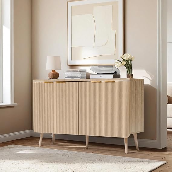 47" Fluted 4-Door Buffet Cabinet with Adjustable Shelves