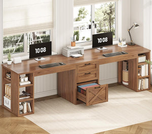96.5" Two Person Desk with Drawers & Storage Shelves