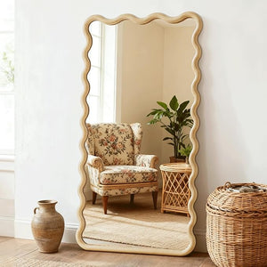 Boho Wavy Wood Floor Mirror