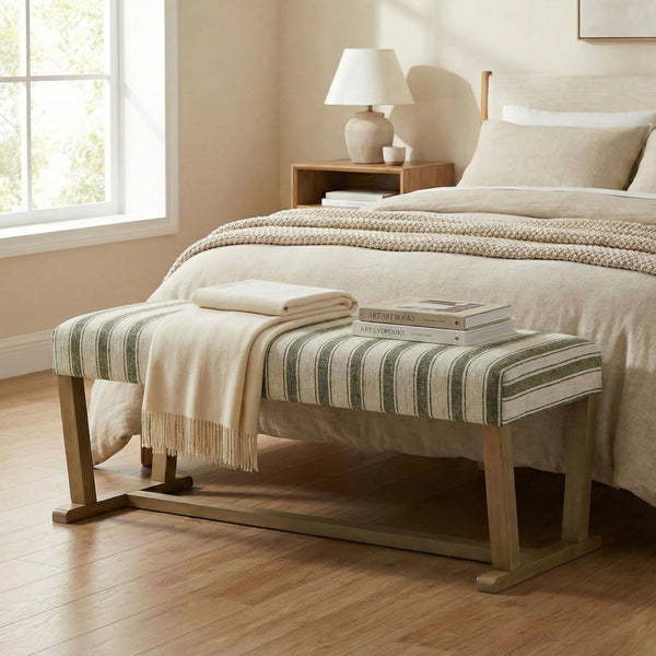 Upholstered Ottoman Bench with Cushion & Rubberwood Legs