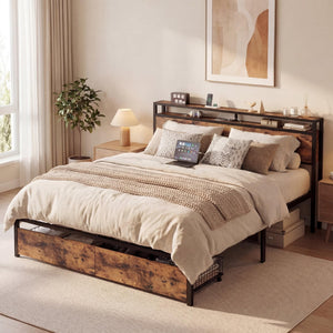 King Bed Frame with Storage Headboard, 2 Drawers & Charging Station